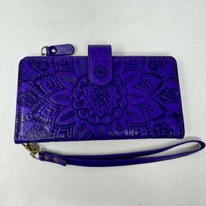 Glossy Synthetic Leather Wallet Wristlet Purple Embossing Sunflower Magnetic Zip